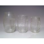 A SET OF THREE GRADUATED CRACKLE GLASS JUGS DESIGNED BY KOLOMON MOSER FOR LOETZ, of barrel form with