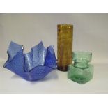 A 1960s TEXTURED BLUE GLASS HANDKERCHIEF VASE BY CHANCE BROTHERS, a larger Artic example from the '