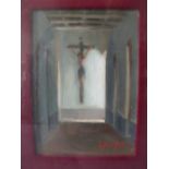 (XX). Impressionist interior scene with life size study of Christ on the cross at the end of