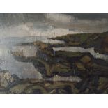 CIRCLE OF JOHN KYFFIN WILLIAMS (1918-2006). Impressionist stormy rocky coastal scene with figure,