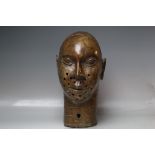 VINTAGE BRONZE BENIN HEAD, H 42 cm