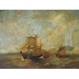 (XIX). Stormy coastal scene with sailing vessels and figures in a medium swell, cliffs in