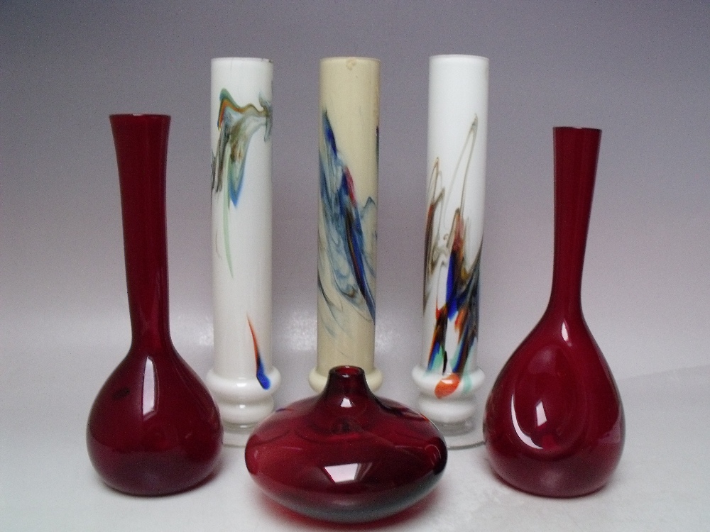 A COLLECTION OF SIX STUDIO ART GLASS VASES, to include two Swedish ruby glass examples. three