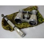 A PAIR OF MOTHER OF PEARL OPERA GLASSES, with detachable extending handle, fabric bag