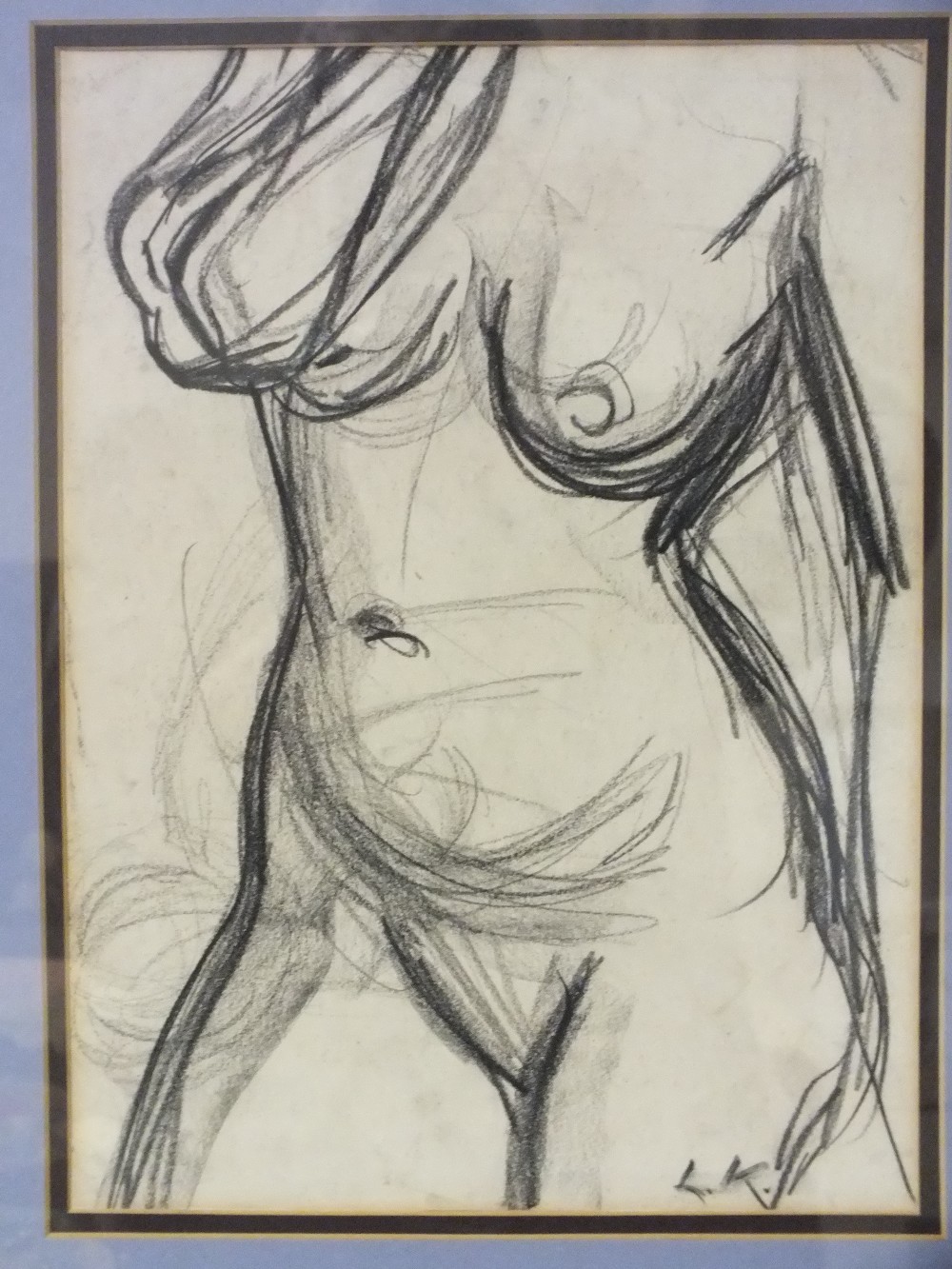 CIRCLE OF DAME LAURA KNIGHT (1877-1970). Female nude study, bears initials lower right, pencil on