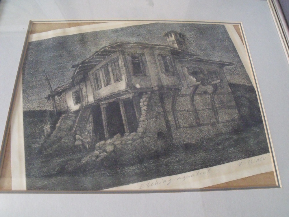 (XX). Three etchings and woodcuts etc., VISSAUV. Village building with figures, B ROBINSON. Lake - Image 5 of 5