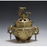 AN ORIENTAL LIDDED BRASS CENSOR, H 24 cm