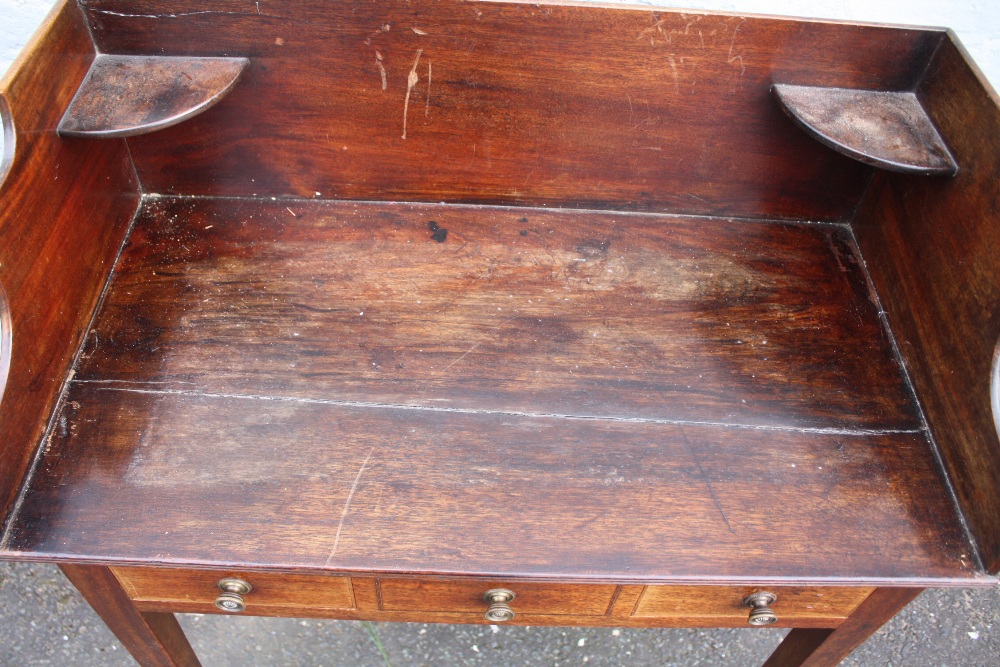 AN ANTIQUE MAHOGANY INLAID SMALL WASHSTAND, the tray top above two small drawers and a central dummy - Image 8 of 9