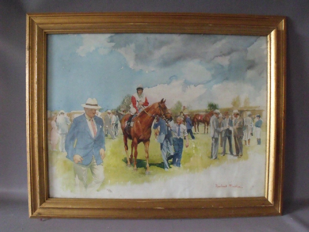SCHOOL OF ROWLAND DAVIDSON (b.1942). Horse racing scene with horses and figures in an enclosure, - Image 2 of 4