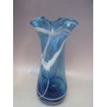 A VINTAGE STUDIO / ART GLASS VASE WITH SIGNATURE TO BASE, blue cased body with white swirled