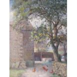 R. FISH (XX). Impressionist farmstead scene with figure and chickens, signed lower left, oil on