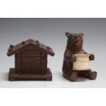 A BLACK FOREST BEAR COTTON REEL HOLDER, together with a chalet inkwell, W 9 cm (2)