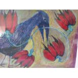 KRISTINA PAGE (XX). Modernist study of a crow and flowers, signed verso, mixed media on paper,