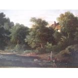 (XIX-XX). Wooded river landscape with figures fishing, cottage in background, unsigned, oil on