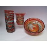 THREE MDINA CLEAR AND ORANGE STUDIO GLASS ITEMS WITH APPLIED TURQUOISE DECORATION, comprising