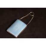 A HALLMARKED SILVER AND GUILLOCHE ENAMEL SHAPED CIGARETTE CASE - BIRMINGHAM 1912, with chain and