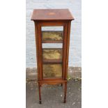 AN EDWARDIAN CARVED MAHOGANY INLAID SQUARE DISPLAY CABINET, glazed to all sides with inlaid