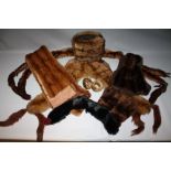 A COLLECTION OF VINTAGE FUR ACCESSORIES, to include a mink stole, gloves, a muff, scarf and two