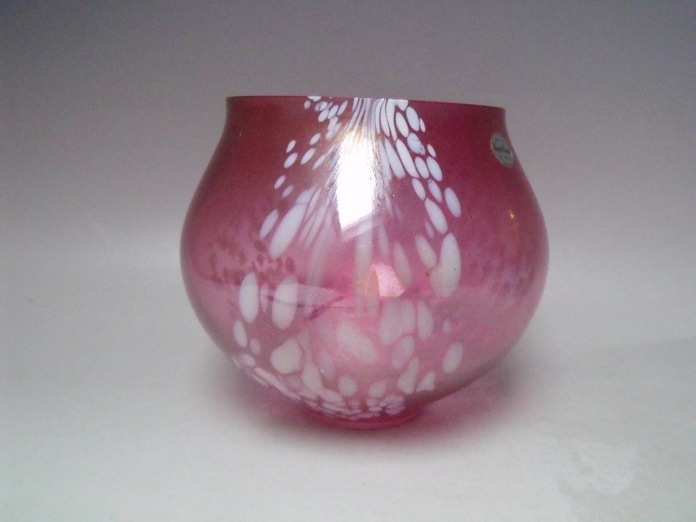 A ROYAL BRIERLEY STUDIO GLASS LUSTRE IRIDESCENT VASE, mottled pattern over ruby ground, original