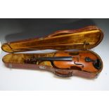 A VIOLIN AND BOW IN CROCODILE SKIN TYPE CASE, two piece back, L 59 cm