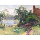 (XX). Impressionist wooded river landscape with boats and cottage, unsigned, oil on board, framed,