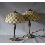 A PAIR OF MODERN TIFFANY STYLE TABLE LAMPS with domed cream shades having inset clear cabochon