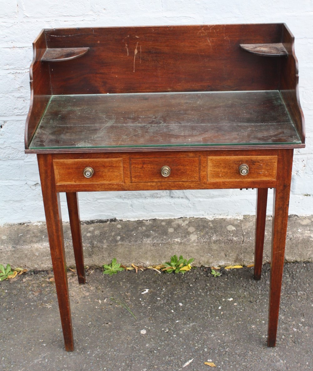 AN ANTIQUE MAHOGANY INLAID SMALL WASHSTAND, the tray top above two small drawers and a central dummy - Image 2 of 9