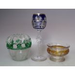 THREE ITEMS OF VINTAGE GLASS, to include a Bohemian blue / clear flash cut hock glass, with gilt