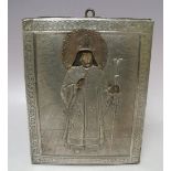 (XIX). A religious icon on panel with exposed head and hands and white metal oklad with acrylic