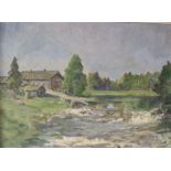 R. SANIO. Impressionist wooded river landscape with farmstead, signed and dated 1965 lower left ,oil