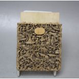 A 19TH CENTURY CHINESE CANTON CARVED IVORY CARD CASE, with missing cover, typically carved with