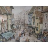 (XX). British school, street scene in Hemel Hempstead with numerous figures, signed lower right,