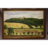 JOHN THIRLWALL. Extensive impressionist wooded landscape with hill top fortified building, signed
