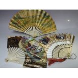THREE ANTIQUE BONE / IVORY HANDPAINTED FOLDING FAN FOR RESTORATION, with painted scenic and