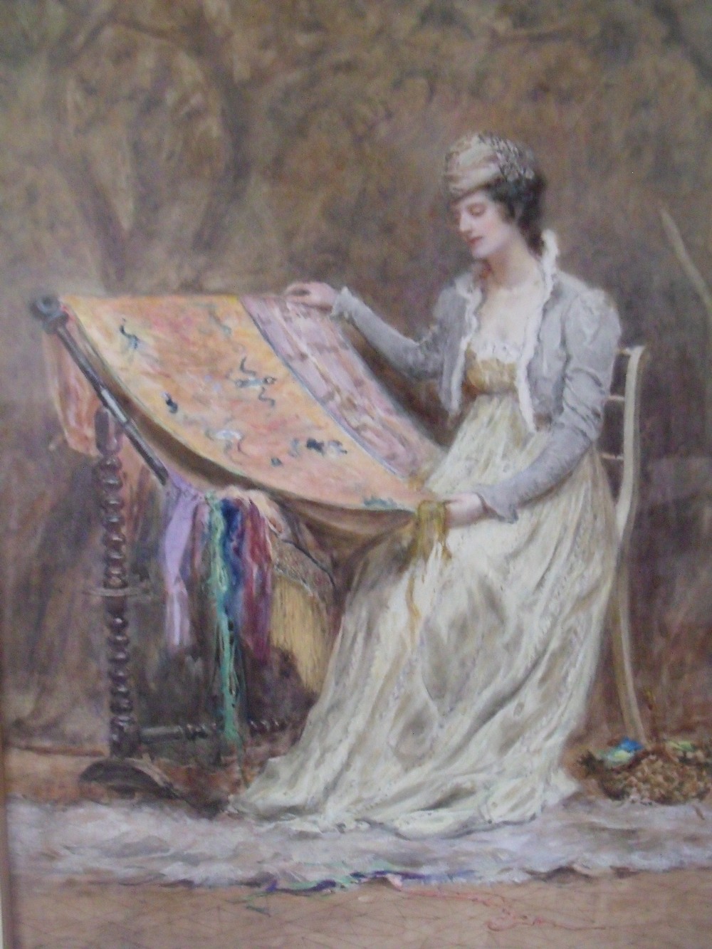 MARY LOUISA GOW (1851-1925). Study of a seated lady working on a tapestry in a garden setting,