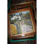 A BOX OF PICTURES AND PRINTS TO INCLUDE AN OIL ON BOARD OF A SHEPERD DRIVING SHEEP SIGNED FANNY