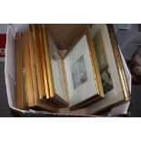 A BOX OF ASSORTED PRINTS TO INCLUDE FRAMED AND GLAZED JMW TURNER PRINTS ETC.