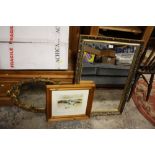 TWO GILT FRAMED WALL MIRRORS TOGETHER WITH A PRINT