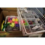 A QUANTITY OF KEYRINGS TOGETHER WITH A BOX OF TENNIS BALLS, GLASSES ETC.