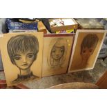 THREE RETRO STYLE HEAD AND SHOULDER PORTRAIT STUDIES IN CHARCOAL AND OTHER MEDIA SIGNED FRANCIS