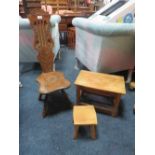 A CARVED OAK SPINNING CHAIR AND 2 STOOLS