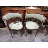 A PAIR OF EDWARDIAN MAHOGANY INLAID TUB ARM CHAIRS A/F