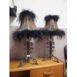A [PAIR OF MODERN IRON AND CRYSTAL TABLE LAMPS WITH LEOPARD PRINT AND FEATHER TYPE DETAIL SHADES H-