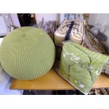 A MODERN RIB GREEN THROW , GREEN POUFFE AND A QUILTED BED THROW (3)