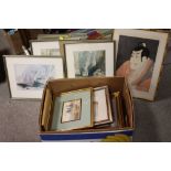 A BOX OF PICTURES AND PRINTS TO INCLUDE WATERCOLOURS, TOGETHER WITH A JAPANESE STYLE WARRIOR PRINT