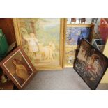 FOUR VINTAGE PRINTS TO INCLUDE A GILT FRAMED AND GLAZED PRINT OF A YOUNG GIRL WITH SHEEP, ANTIQUE