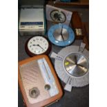 A BOX OF RETRO STYLE CLOCKS, RADIOS ETC,