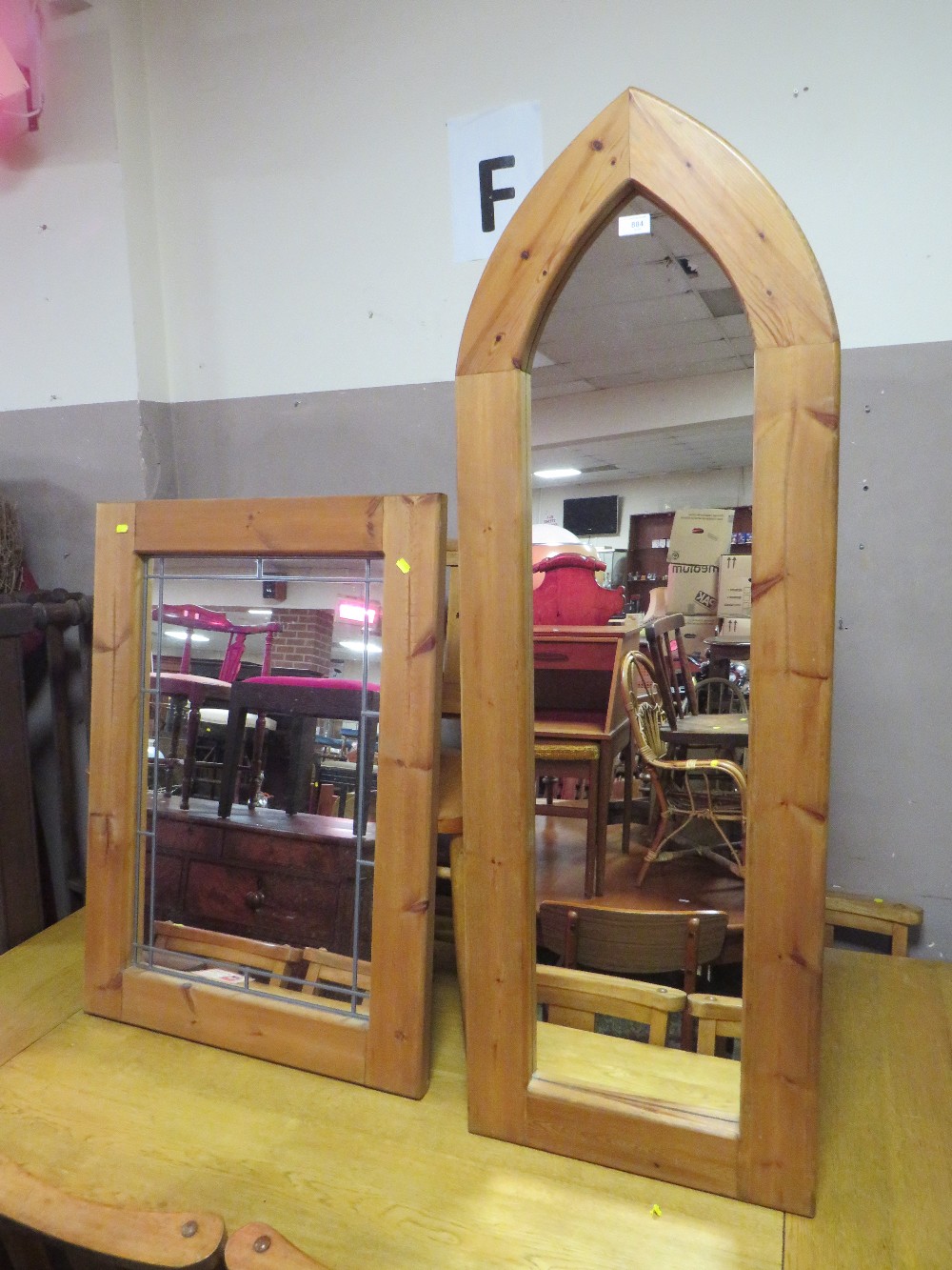 A GOTHIC PINE FRAMED CHEVAL MIRROR H-140 CM WITH ANOTHER PINE FRAMED RECTANGULAR MIRROR (2)