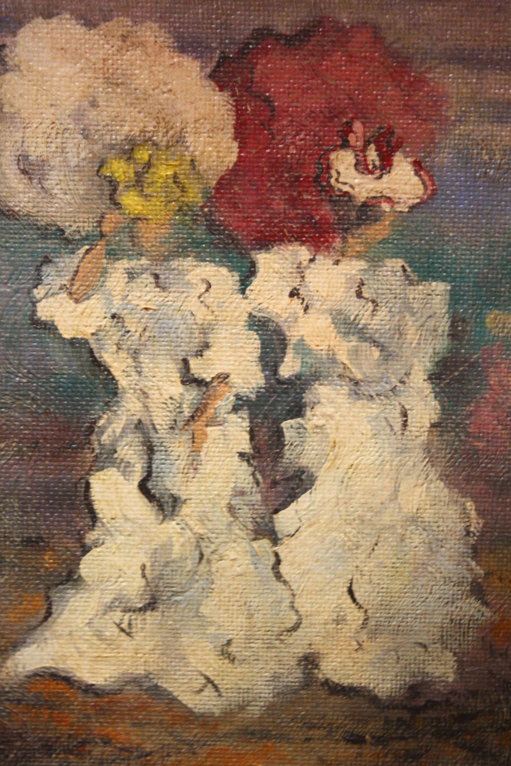 (XX). Impressionist scene with figures holding parasols, signed lower right, oil on card laid on - Image 2 of 4