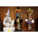 TWO MURANO STYLE STUDIO GLASS CLOWN FIGURES, TOGETHER WITH A MUSICAL CERAMIC CLOWN FIGURE (3)